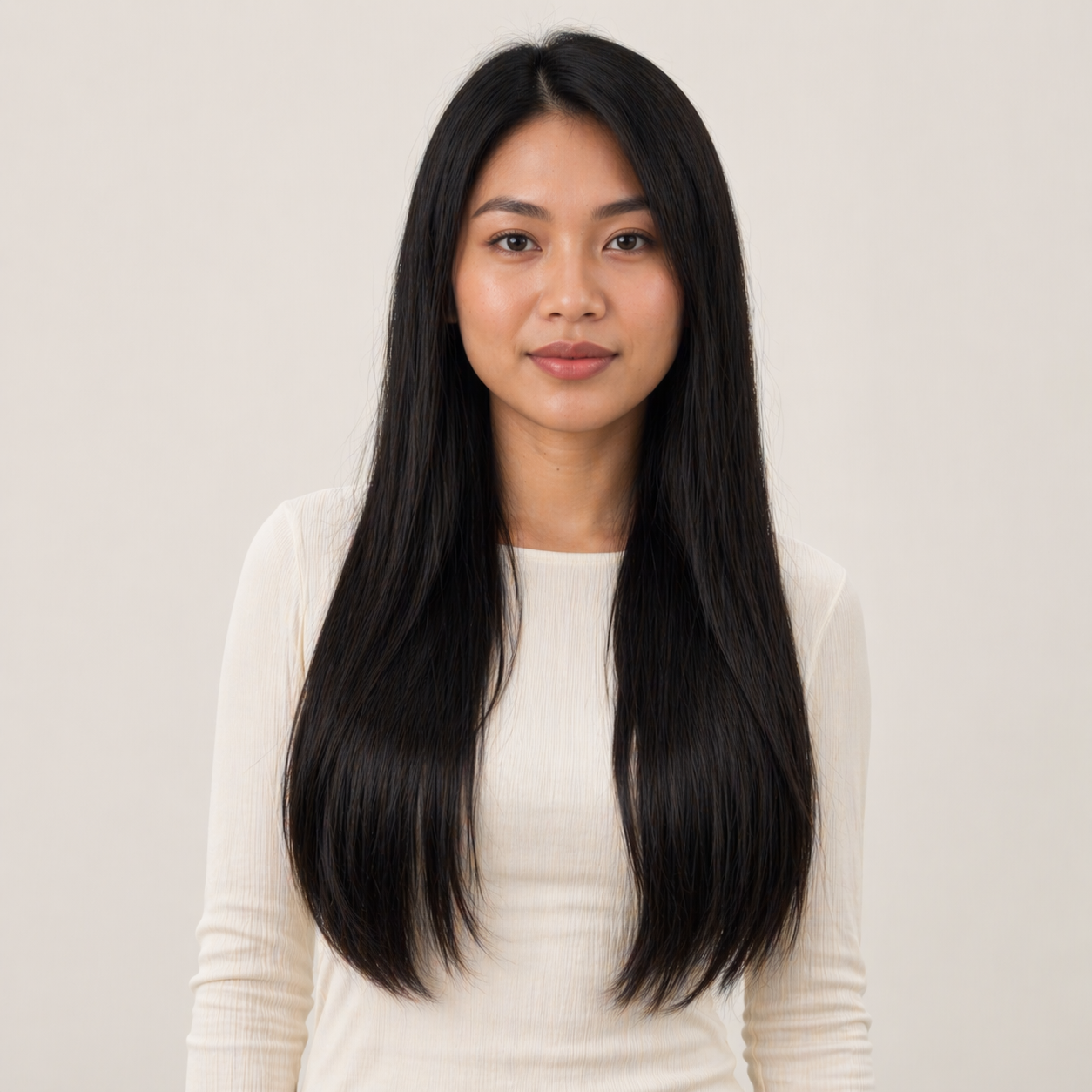 Modella con extension capelli Butterfly Weft Stessia nel colore #1A Nero naturale, vista frontale