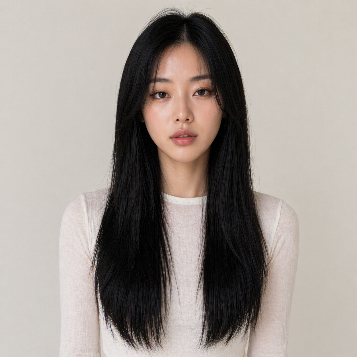 Modella con extension capelli Butterfly Weft Stessia nel colore #1 Nero corvino, vista frontale