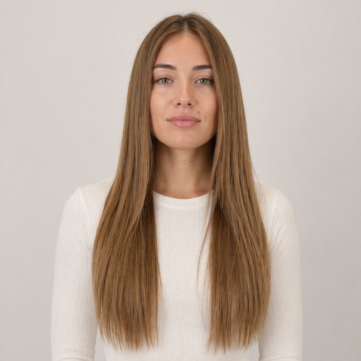 Modella con extension capelli Butterfly Weft Stessia nel colore #6 Biondo scuro, vista frontale