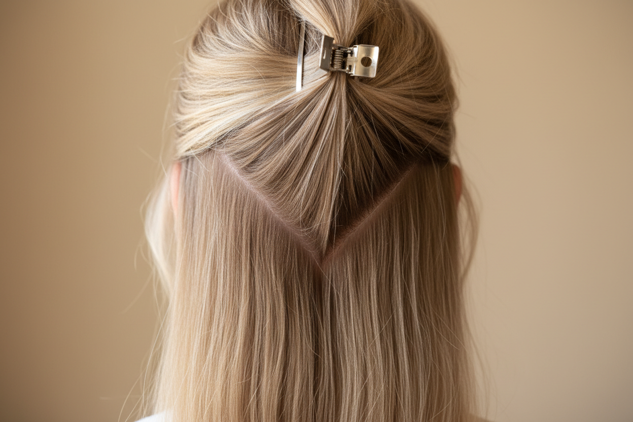 Photorealistic technical instructional image,
back view of a woman’s head focused on the nape,
natural blonde hair with visible lighter highlights,
beige-blonde tones with soft contrast,
healthy hair texture with dimension,
precise V-shaped diagonal parting at the nape,
parting lines parallel to the natural neckline,
upper hair section clipped up,
lower hair section left loose and straight,
clearly defined no-zones on both sides,
clean symmetrical sectioning,
soft daylight,
minimal background in warm be