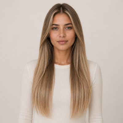 Mannequin portant les extensions de cheveux Butterfly Weft Stessia en teinte #10/24 Balayage, vue de face