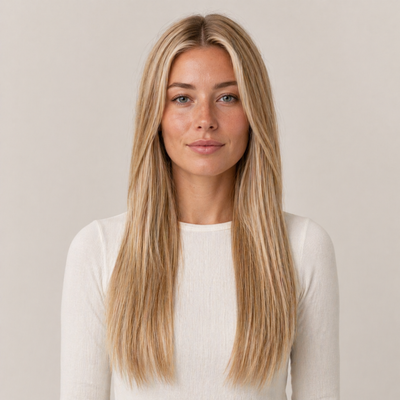 Model mit Stessia Butterfly Weft Echthaar Extensions in Farbe #10/24 Highlights, Vorderansicht