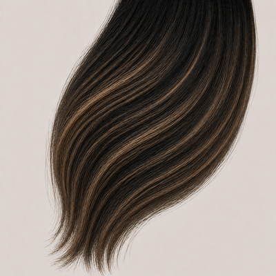 Stessia Butterfly Weft Echthaar Extensions in Farbe #1BT1B/4/Oak Balayage, flach ausgelegt