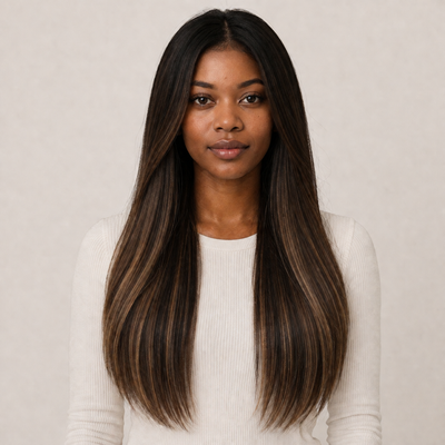 Model mit Stessia Butterfly Weft Echthaar Extensions in Farbe #1BT1B/4/Oak Balayage, Vorderansicht