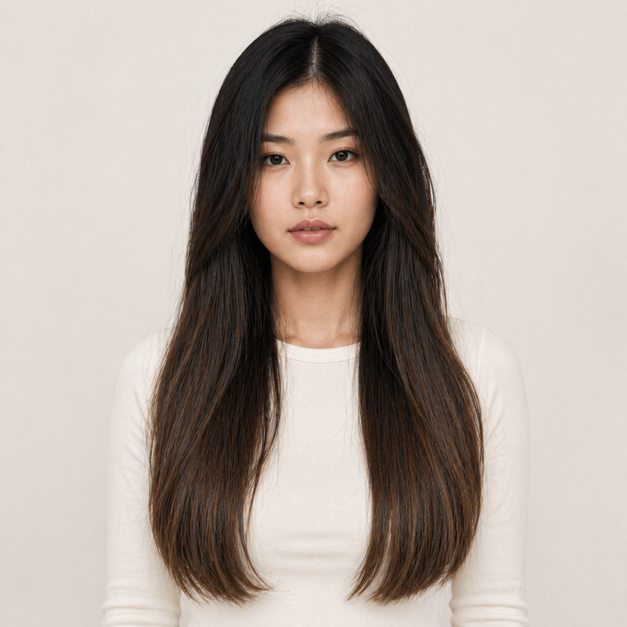 Model wearing Stessia butterfly weft hair extensions in shade #1BT/2/4 Balayage, front view