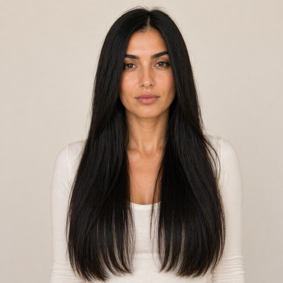 Model mit Stessia Butterfly Weft Echthaar Extensions in Farbe #1B Braunschwarz, Vorderansicht