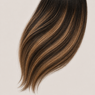 Stessia Butterfly Weft Echthaar Extensions in Farbe #1B/6 Balayage, flach ausgelegt