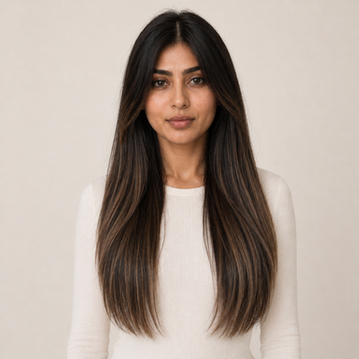 Model mit Stessia Butterfly Weft Echthaar Extensions in Farbe #1B/6 Balayage, Vorderansicht