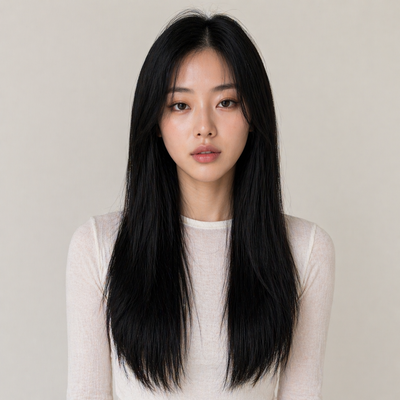 Model mit Stessia Butterfly Weft Echthaar Extensions in Farbe #1 Tiefschwarz, Vorderansicht