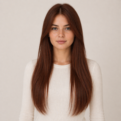 Model mit Stessia Butterfly Weft Echthaar Extensions in Farbe #33 Kastanienrot, Vorderansicht