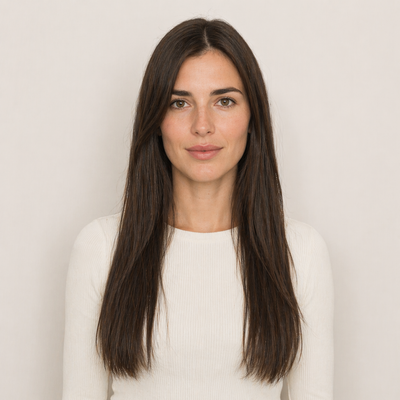 Model mit Stessia Butterfly Weft Echthaar Extensions in Farbe #3 Dunkelbraun, Vorderansicht