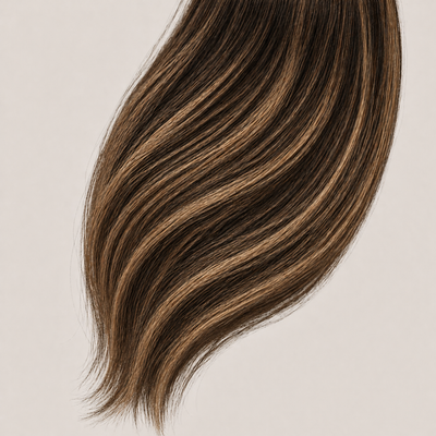 Stessia Butterfly Weft Echthaar Extensions in Farbe #3/3T24 Balayage, flach ausgelegt