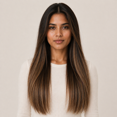 Model mit Stessia Butterfly Weft Echthaar Extensions in Farbe #3T8/613 Balayage, Vorderansicht