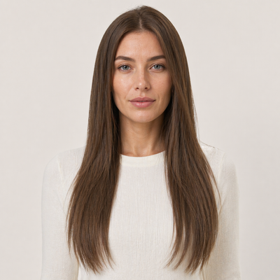 Model mit Stessia Butterfly Weft Echthaar Extensions in Farbe #4 Mittelbraun, Vorderansicht