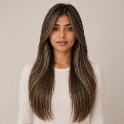 Mannequin portant les extensions de cheveux Butterfly Weft Stessia en teinte #4/6 Mèches, vue de face