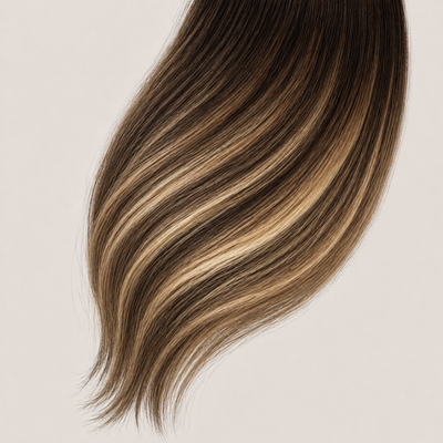 Stessia Butterfly Weft Echthaar Extensions in Farbe #4/8/18 Balayage, flach ausgelegt