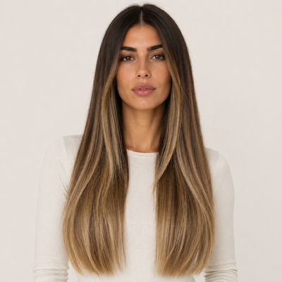 Model mit Stessia Butterfly Weft Echthaar Extensions in Farbe #4/8/18 Balayage, Vorderansicht