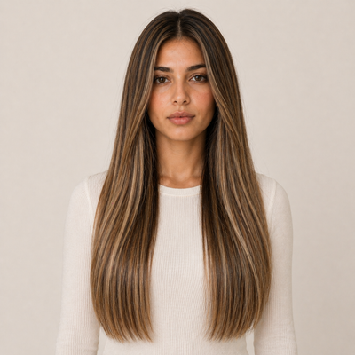 Mannequin portant les extensions de cheveux Butterfly Weft Stessia en teinte #4/8/18 Mèches, vue de face