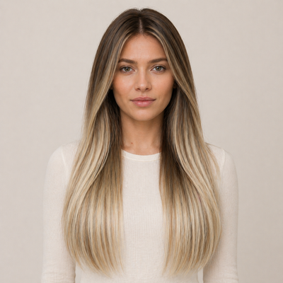 Model mit Stessia Butterfly Weft Echthaar Extensions in Farbe #5A/613/18 Balayage, Vorderansicht