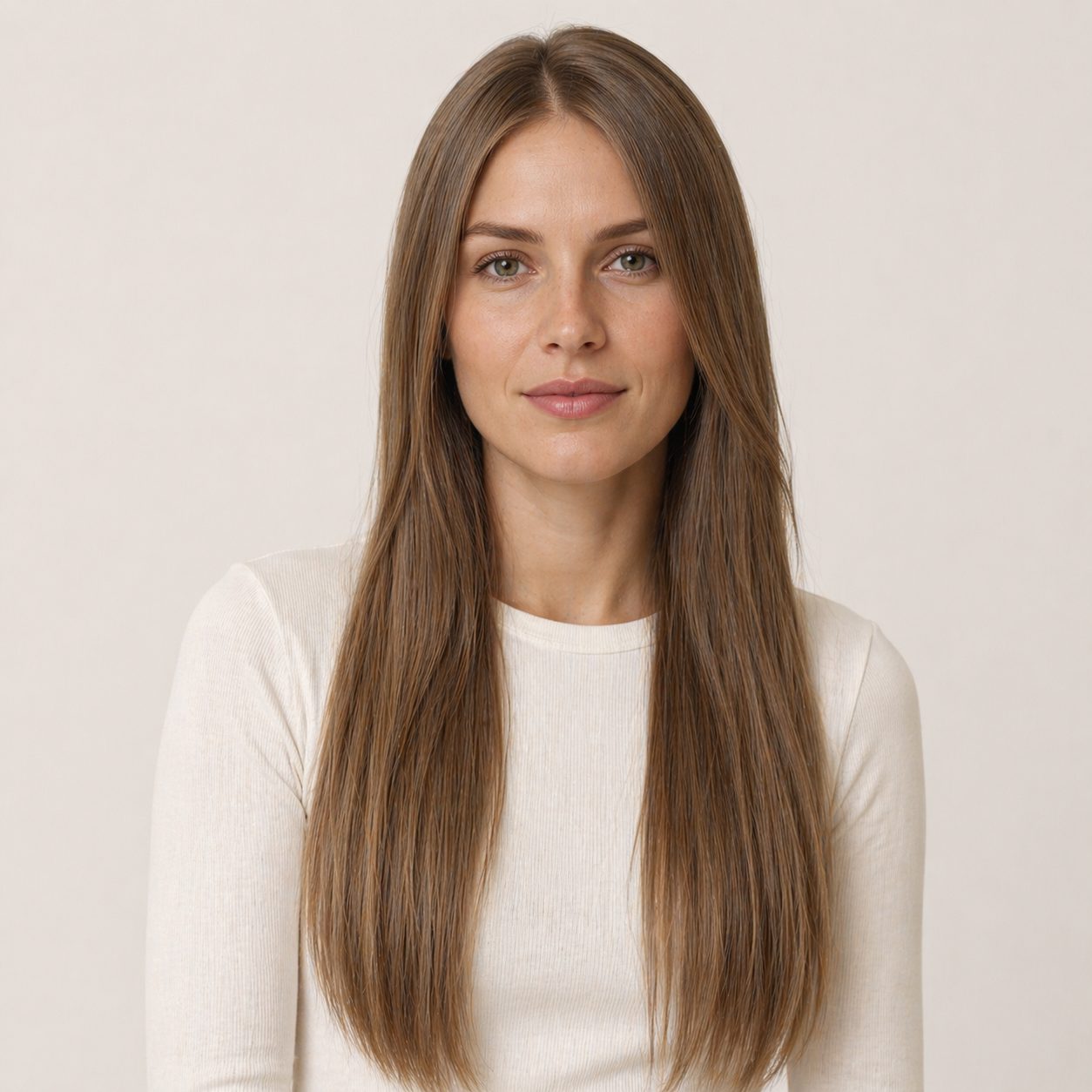 Modella con extension capelli Butterfly Weft Stessia nel colore #5 Castano chiaro, vista frontale
