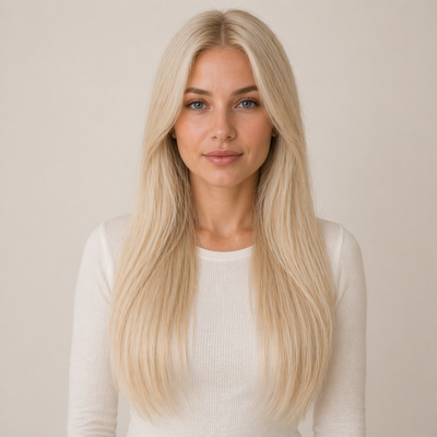 Modella con extension capelli Butterfly Weft Stessia nel colore #60 Biondo platino, vista frontale