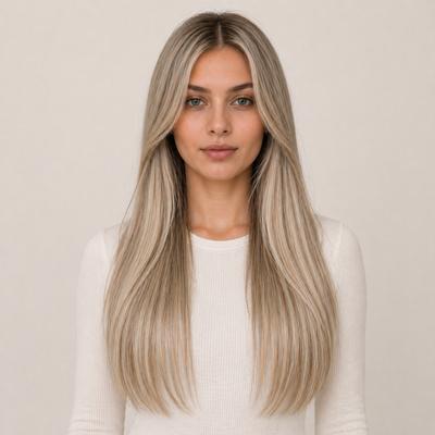 Model mit Stessia Butterfly Weft Echthaar Extensions in Farbe #613/18A Highlights, Vorderansicht