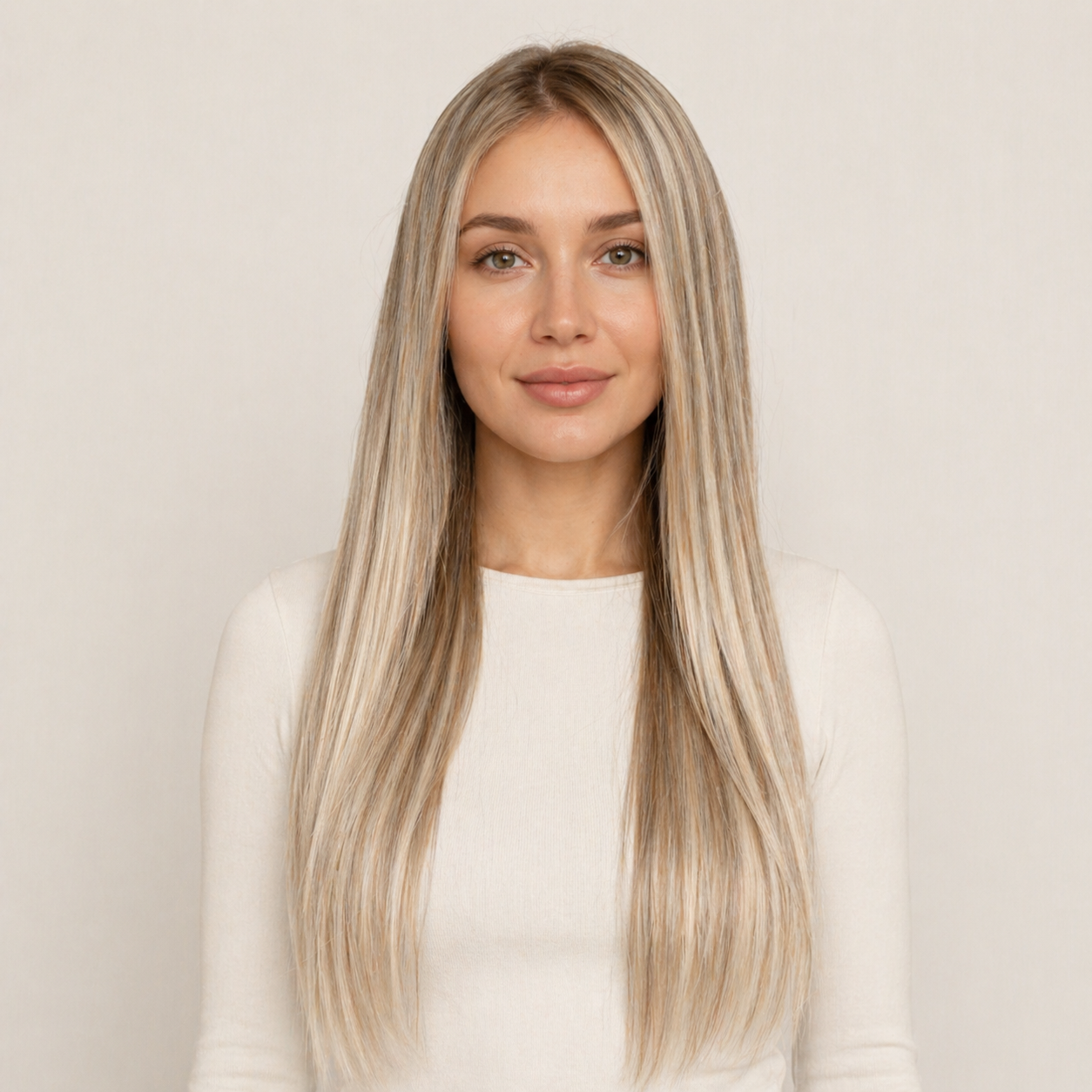 Model wearing Stessia butterfly weft hair extensions in shade #613/18 Highlights, front view