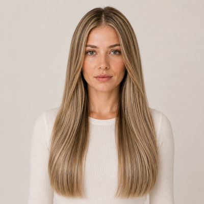 Model mit Stessia Butterfly Weft Echthaar Extensions in Farbe #6/24 Highlights, Vorderansicht