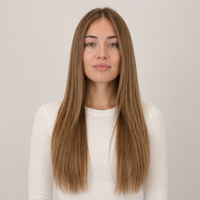 Modella con extension capelli Butterfly Weft Stessia nel colore #6 Biondo scuro, vista frontale