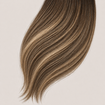 Stessia Butterfly Weft Echthaar Extensions in Farbe #6/6T24 Balayage, flach ausgelegt