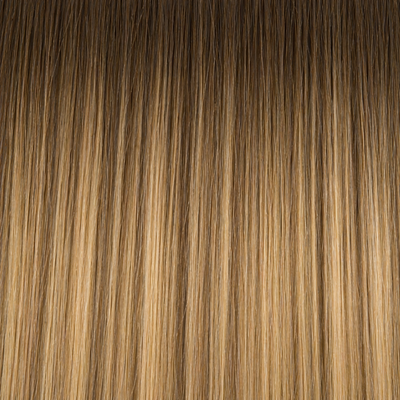 Nahaufnahme der Remy-Echthaarstruktur in Farbe #6/6T24 Balayage