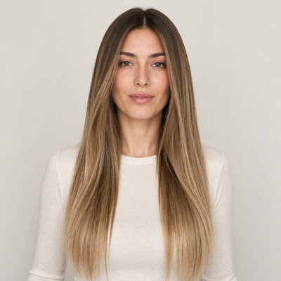 Model mit Stessia Butterfly Weft Echthaar Extensions in Farbe #6/6T24 Balayage, Vorderansicht