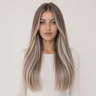 Model mit Stessia Butterfly Weft Echthaar Extensions in Farbe #7A/613/18A Balayage, Vorderansicht