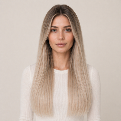 Model mit Stessia Butterfly Weft Echthaar Extensions in Farbe #8A/10 Rooted, Vorderansicht