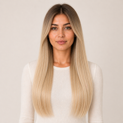 Model mit Stessia Butterfly Weft Echthaar Extensions in Farbe #8T60 Rooted, Vorderansicht