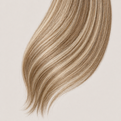 Stessia Butterfly Weft Echthaar Extensions in Farbe #8/613 Highlights, flach ausgelegt