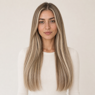 Model mit Stessia Butterfly Weft Echthaar Extensions in Farbe #8/613 Highlights, Vorderansicht