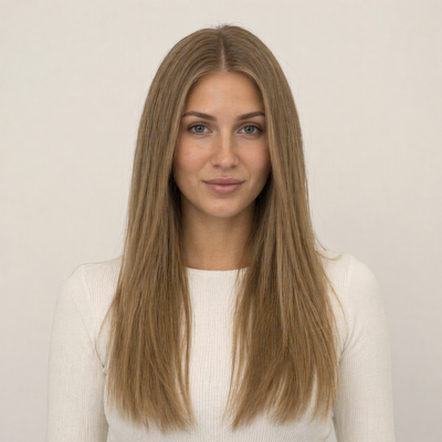 Model mit Stessia Butterfly Weft Echthaar Extensions in Farbe #8 Mittelblond, Vorderansicht