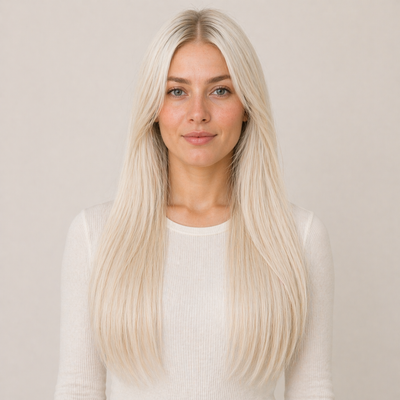 Modella con extension capelli Butterfly Weft Stessia nel colore #Ivory, vista frontale