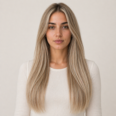 Model mit Stessia Butterfly Weft Echthaar Extensions in Farbe #M18/613 Highlights, Vorderansicht