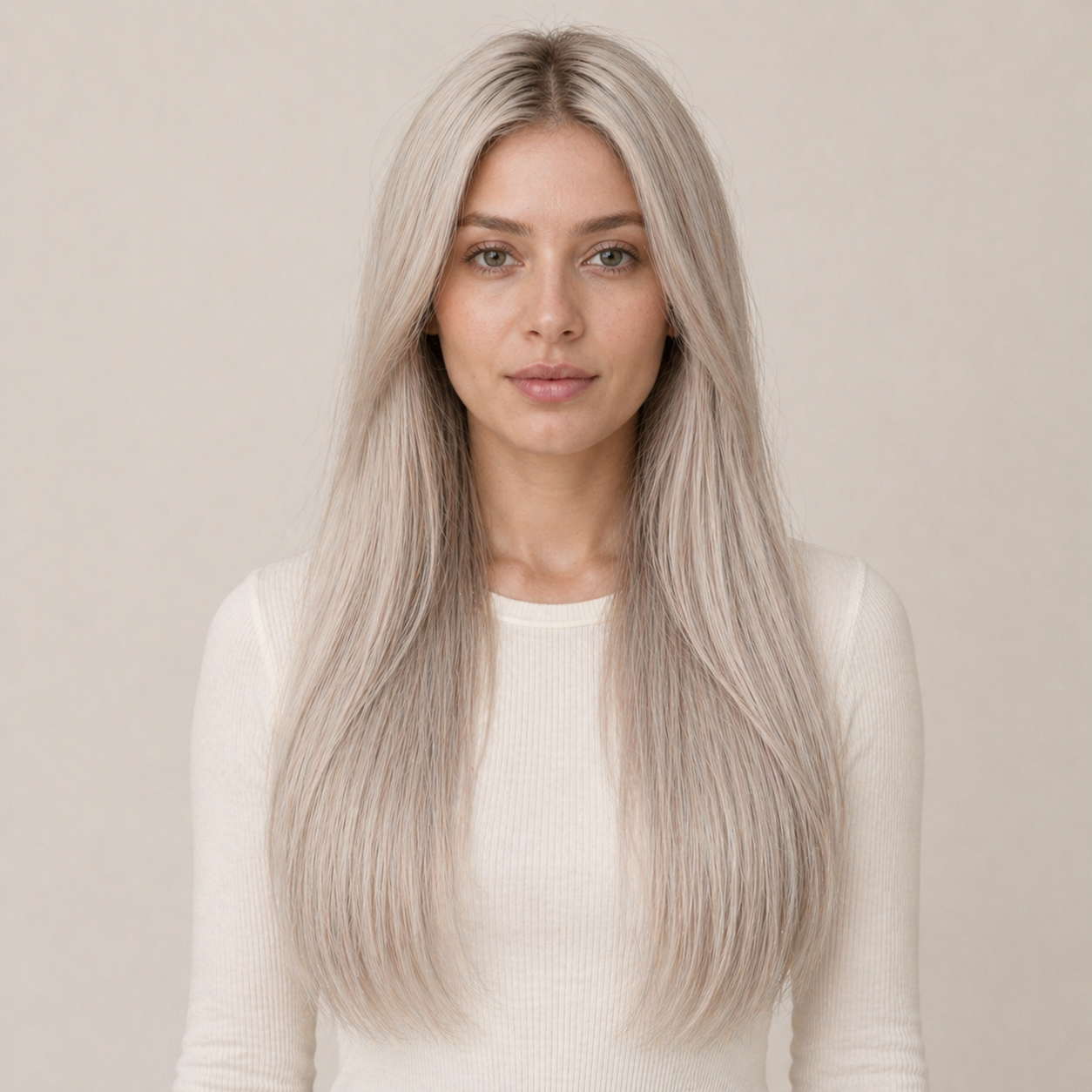 Model wearing Stessia butterfly weft hair extensions in shade #Silver, front view