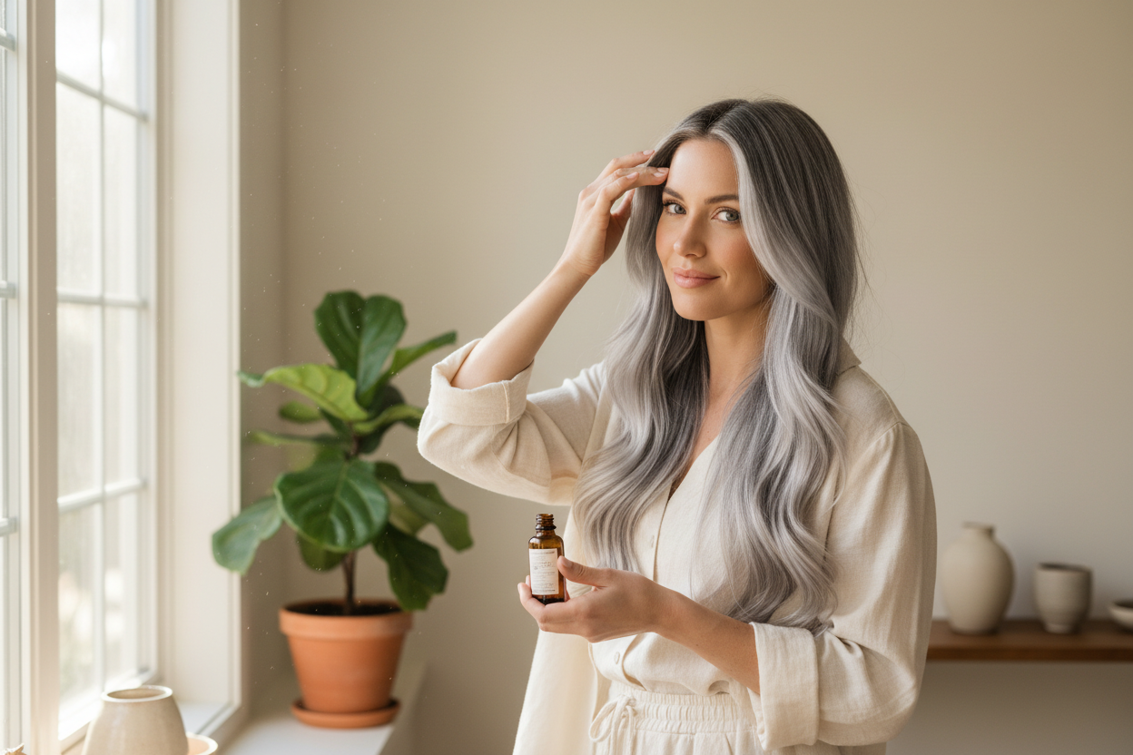 Photorealistic lifestyle image of a woman at home,
standing near a window,
long healthy hair with subtle natural volume,
hair color ash blonde or neutral brown,
cool or neutral undertone only, no red,
background color exactly #f5f3ee,
soft natural daylight,
calm confident mood,
DIY beauty, no salon, no professionals
